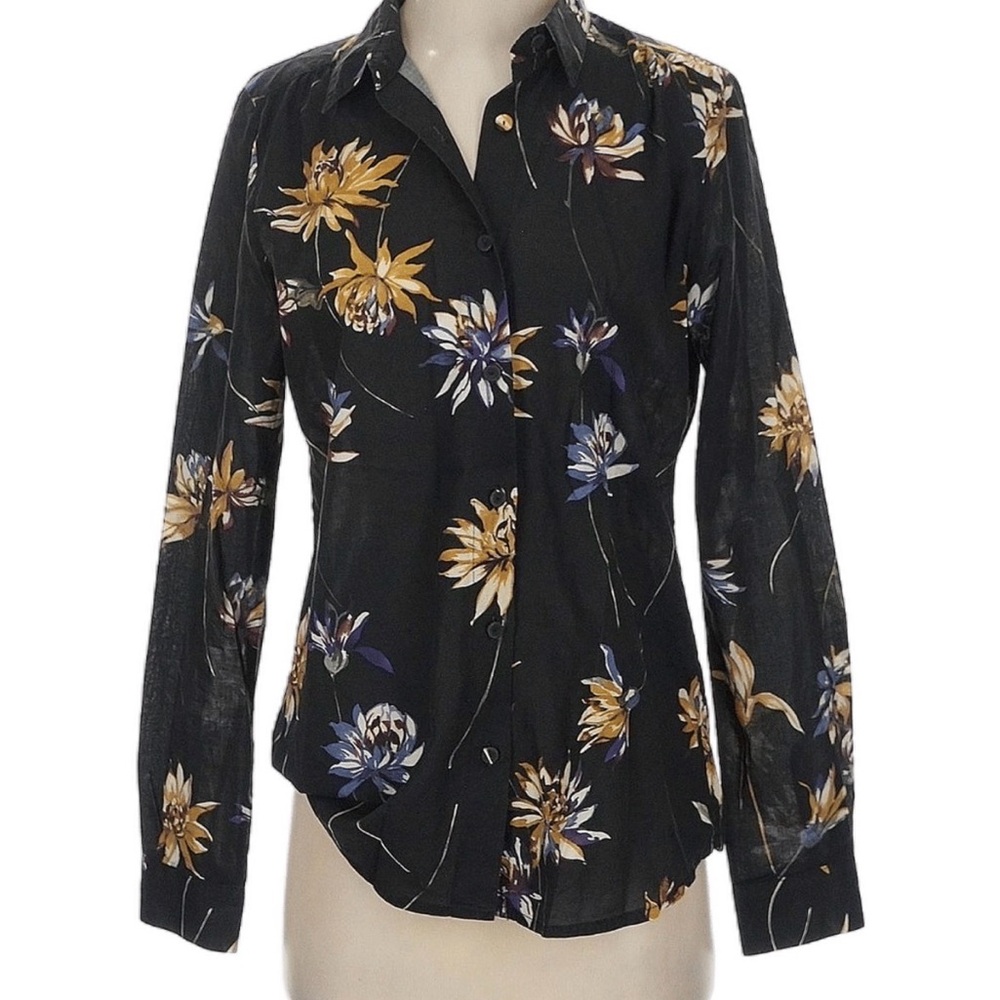 Black Floral Button-Down Shirt with Yellow & Blue Blooms